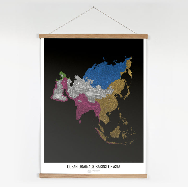 Asia - Mapa de la cuenca hidrográfica del océano, negro v1 - Impresión artística con colgador