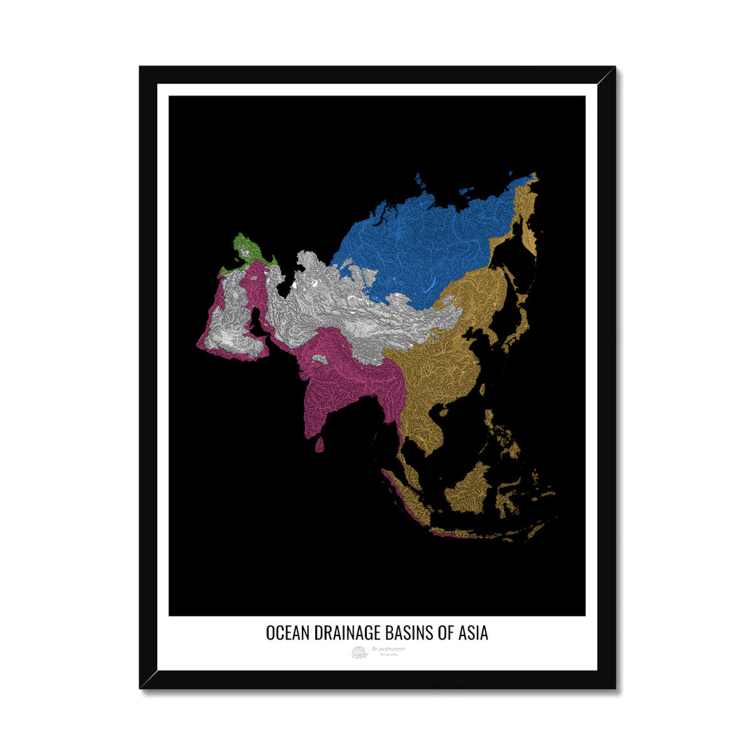 Asia - Ocean drainage basin map, black v1 - Framed Print