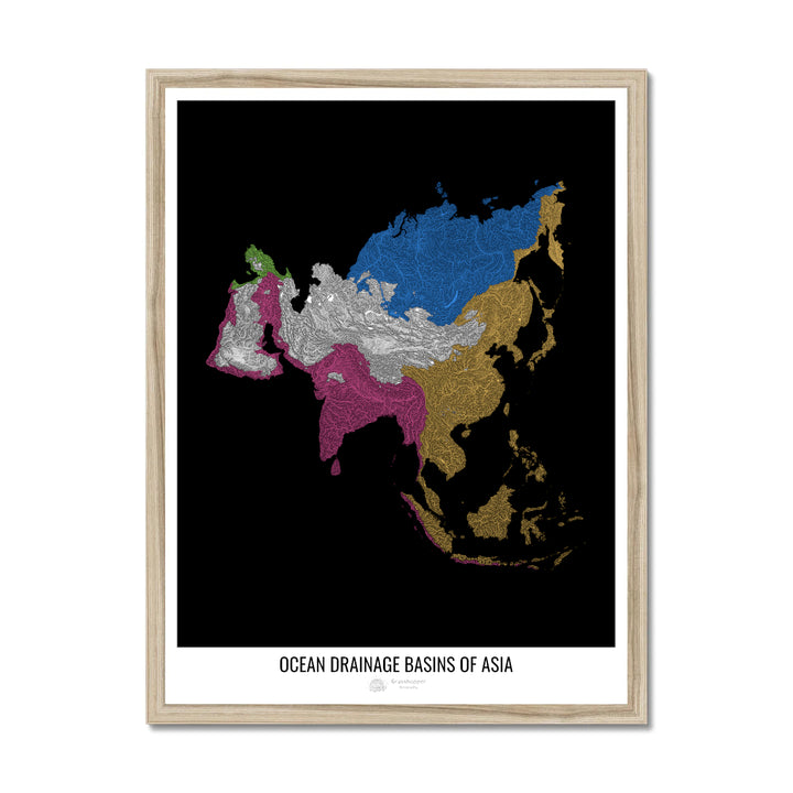 Asia - Ocean drainage basin map, black v1 - Framed Print