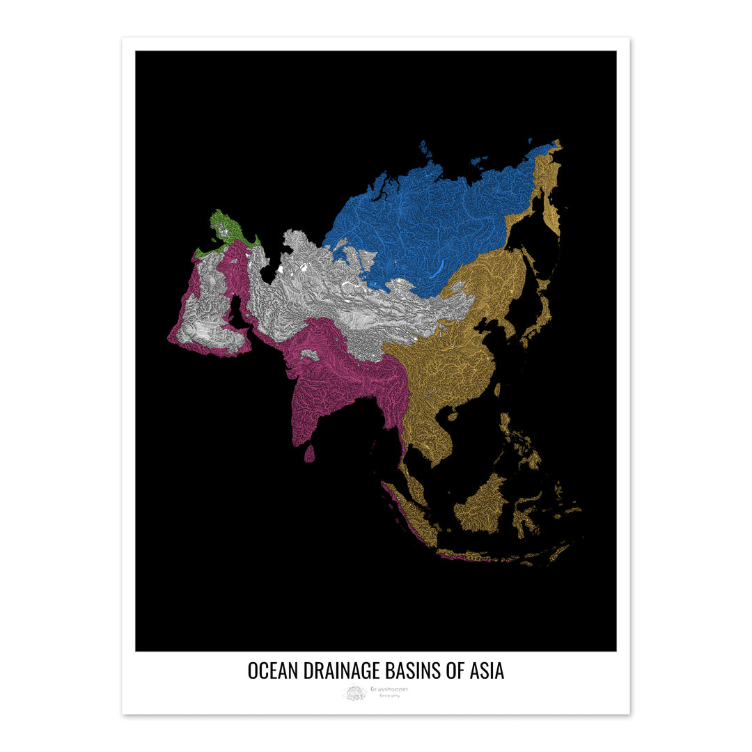 Asie - Carte des bassins hydrographiques océaniques, noir v1 - Tirage photo artistique