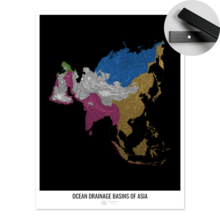 Asie - Carte des bassins versants océaniques, noir v1 - Tirage d'art avec cintre