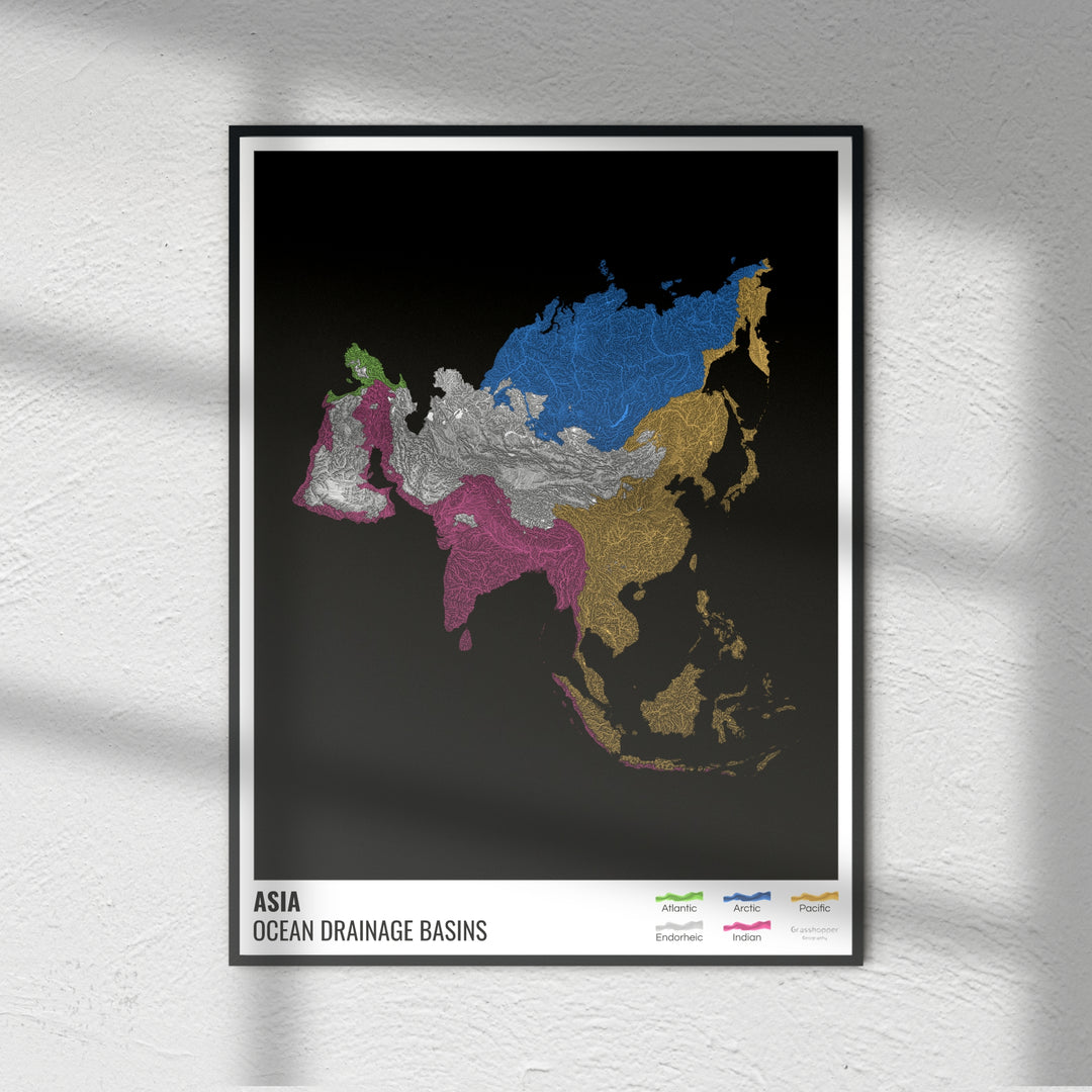 Asie - Carte des bassins hydrographiques océaniques, noire avec légende v1 - Tirage photo artistique