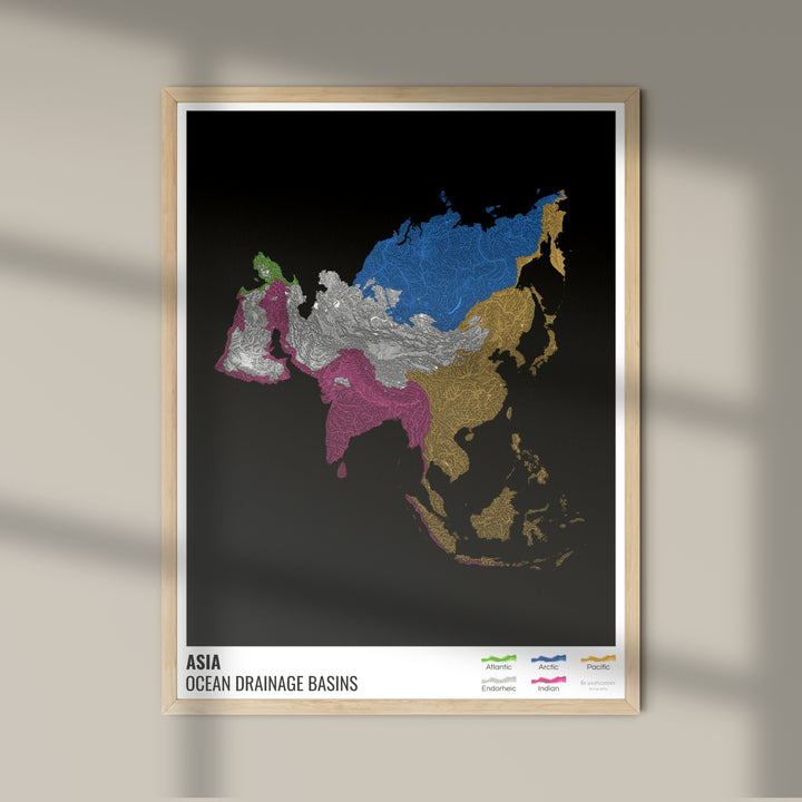 Asie - Carte des bassins hydrographiques océaniques, noire avec légende v1 - Fine Art Print