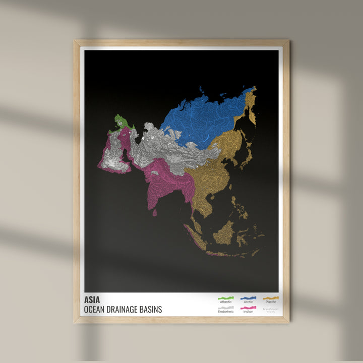 Asia - Ocean drainage basin map, black with legend v1 - Fine Art Print