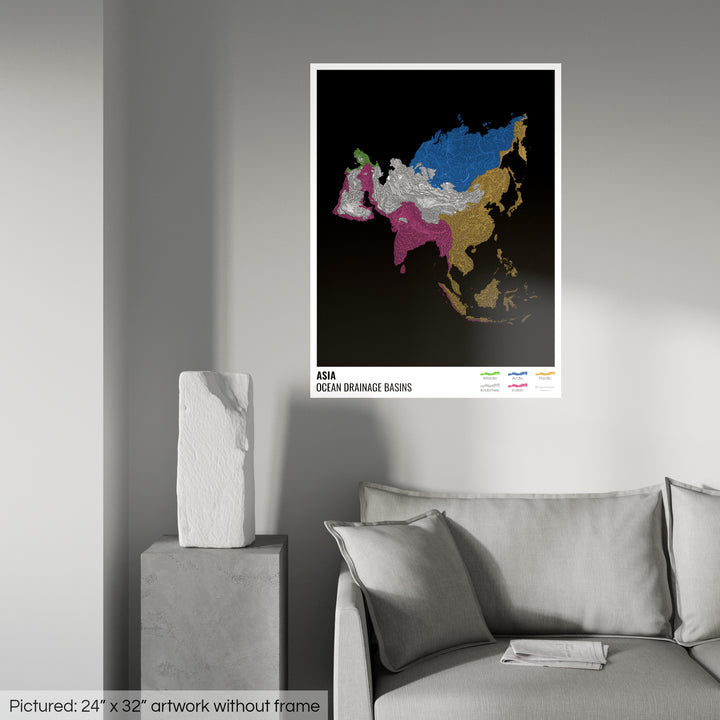 Asie - Carte des bassins hydrographiques océaniques, noire avec légende v1 - Fine Art Print