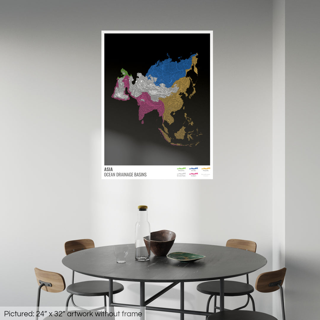 Asia - Ocean drainage basin map, black with legend v1 - Photo Art Print