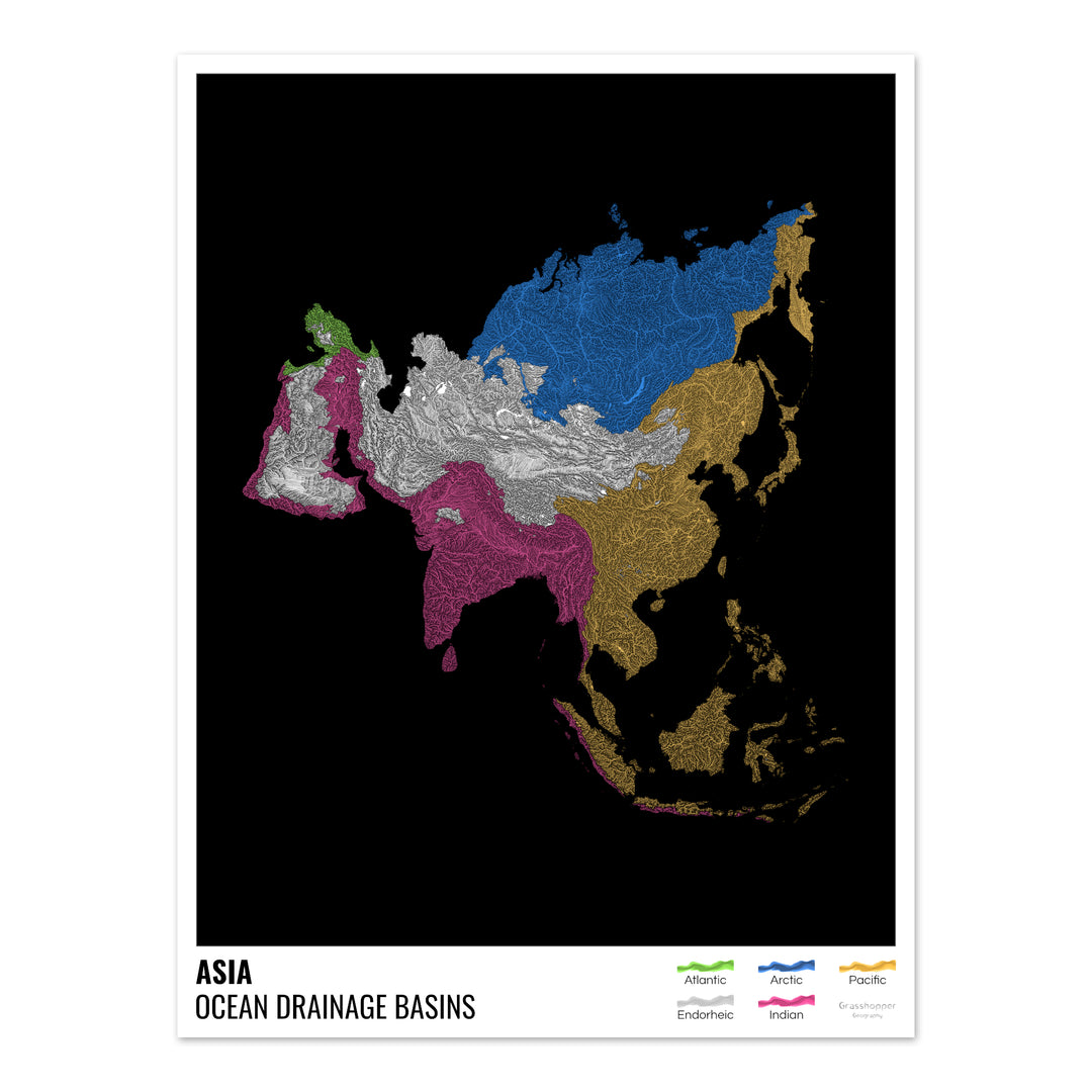 Asie - Carte des bassins hydrographiques océaniques, noire avec légende v1 - Tirage photo artistique