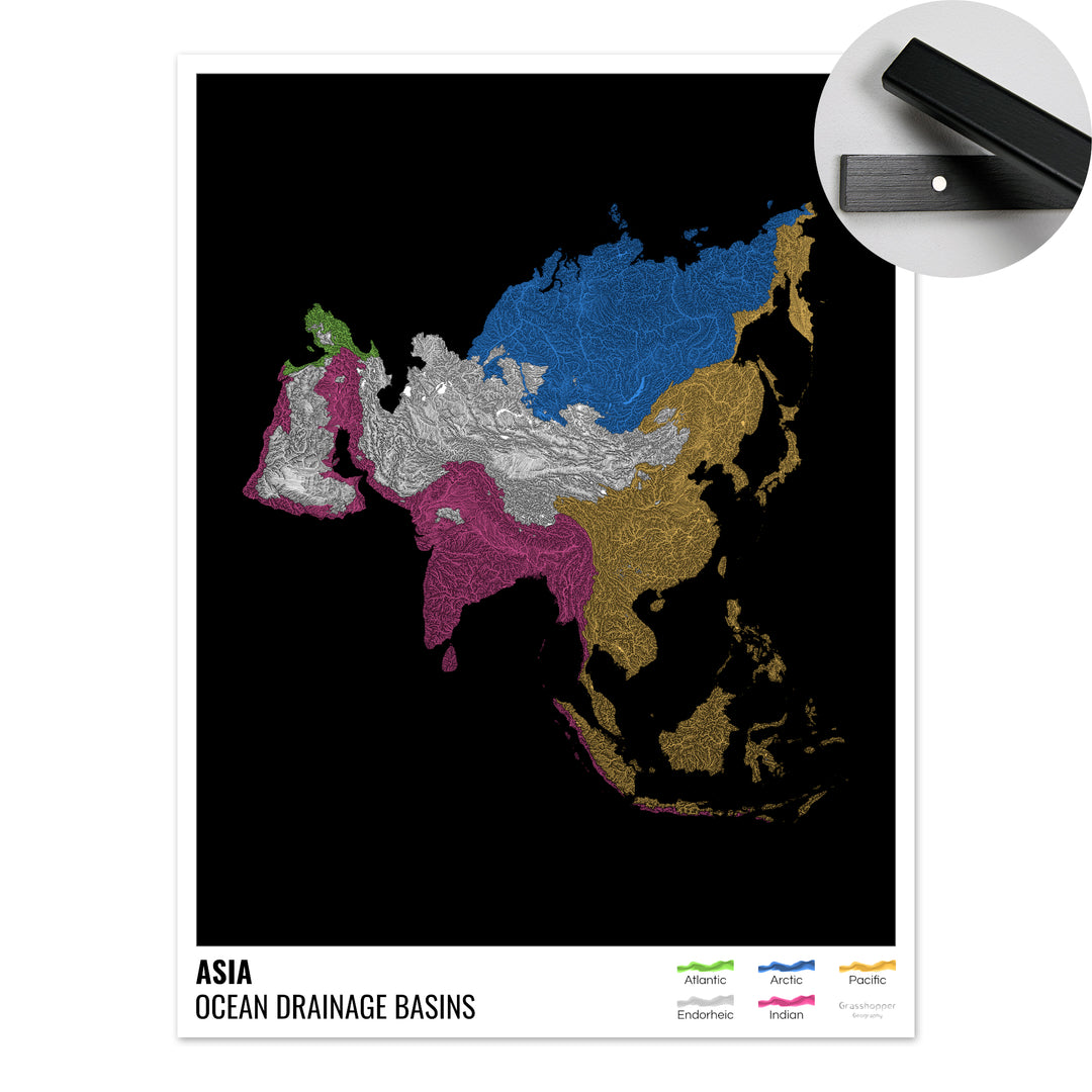 Asia - Mapa de la cuenca hidrográfica del océano, negro con leyenda v1 - Impresión artística con colgador