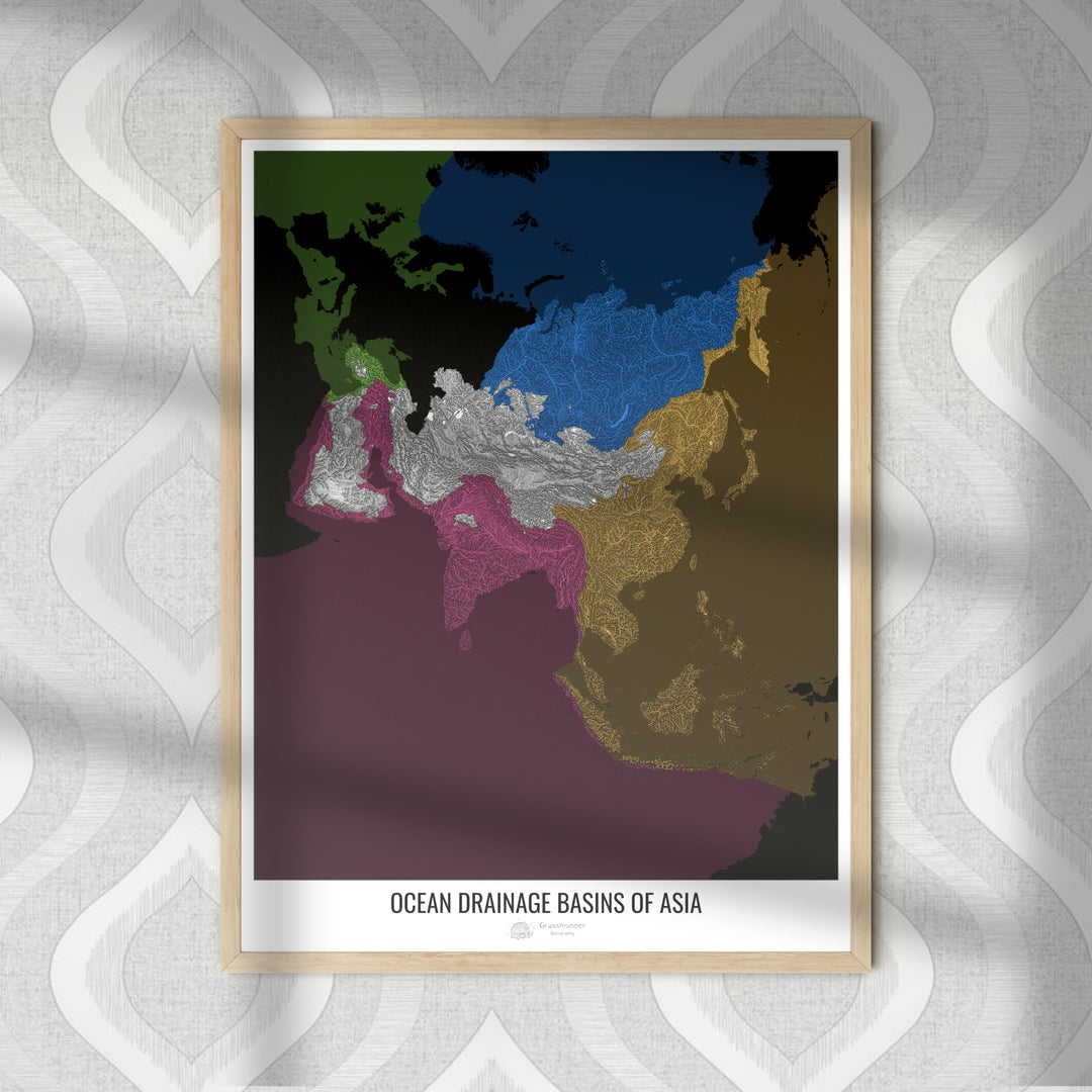 Asia - Ocean drainage basin map, black v2 - Fine Art Print