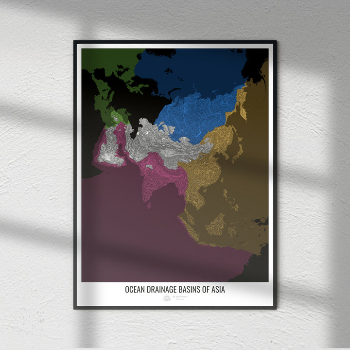 Asia - Mapa de la cuenca hidrográfica del océano, negro v2 - Impresión fotográfica
