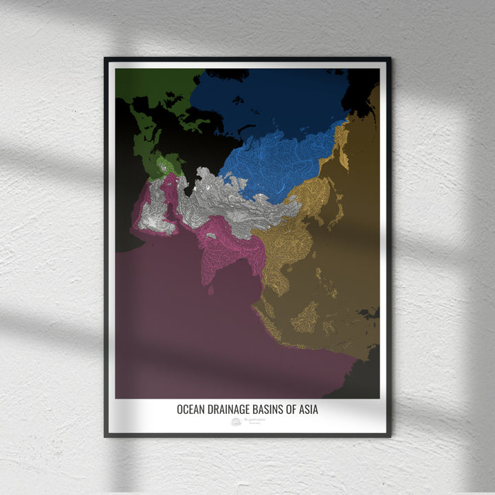 Ásia - Mapa da bacia de drenagem oceânica, preto v2 - Impressão de arte fotográfica