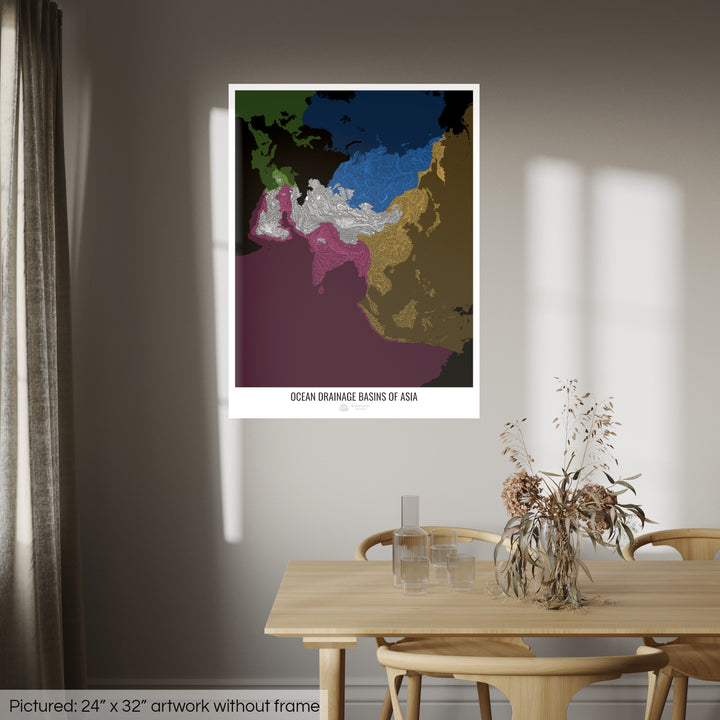Ásia - Mapa da bacia de drenagem oceânica, preto v2 - Impressão de arte fotográfica