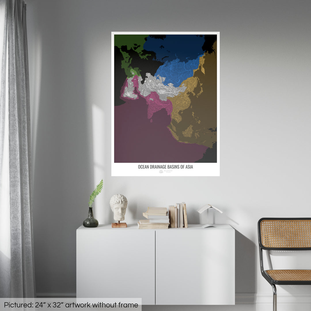 Asia - Ocean drainage basin map, black v2 - Fine Art Print