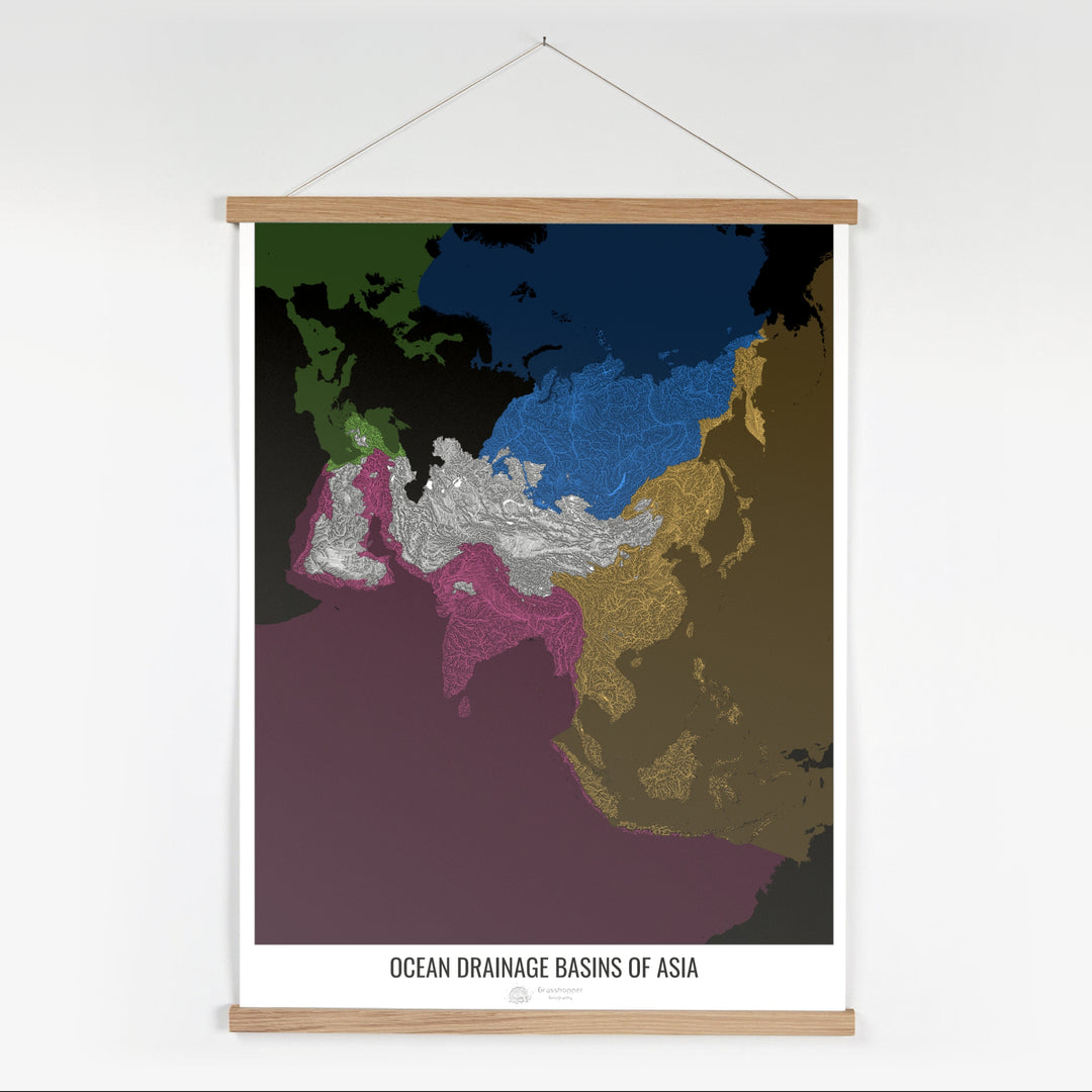 Asie - Carte des bassins versants océaniques, noir v2 - Tirage d'art avec cintre