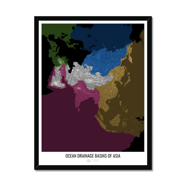 Asie - Carte des bassins versants océaniques, noir v2 - Impression encadrée