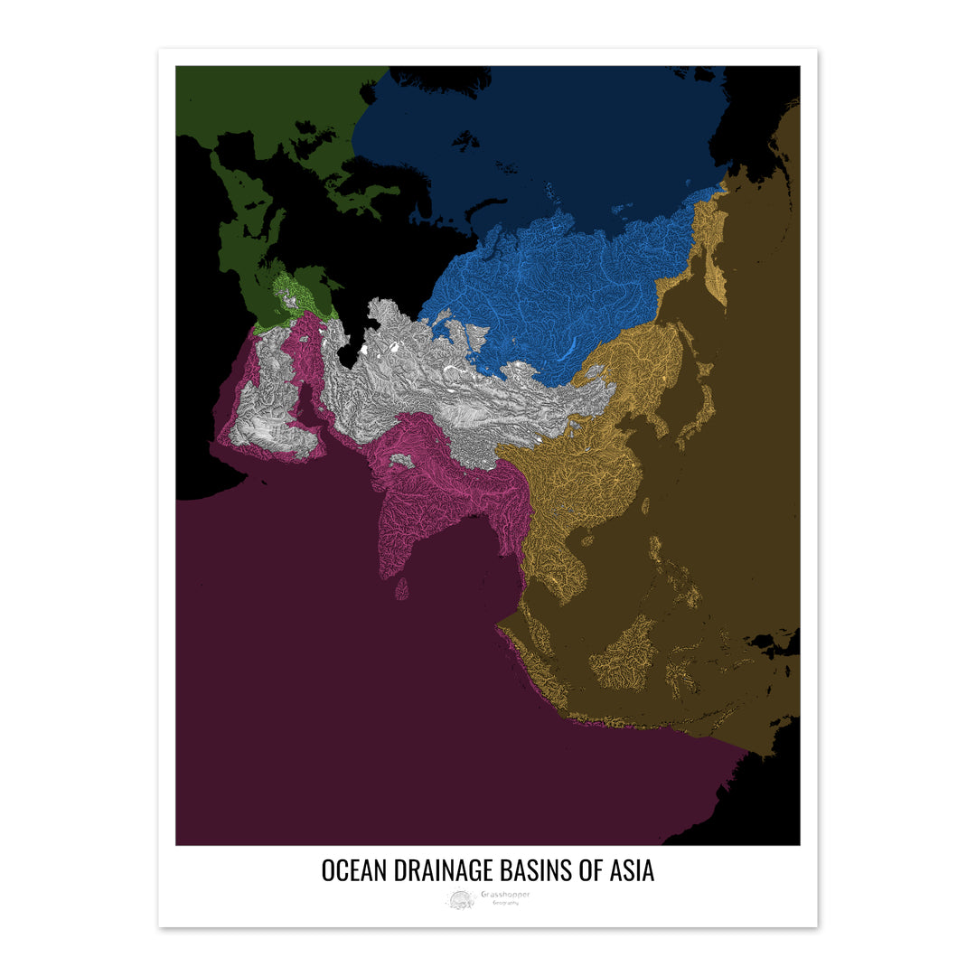 Asia - Mapa de la cuenca hidrográfica del océano, negro v2 - Impresión de bellas artes