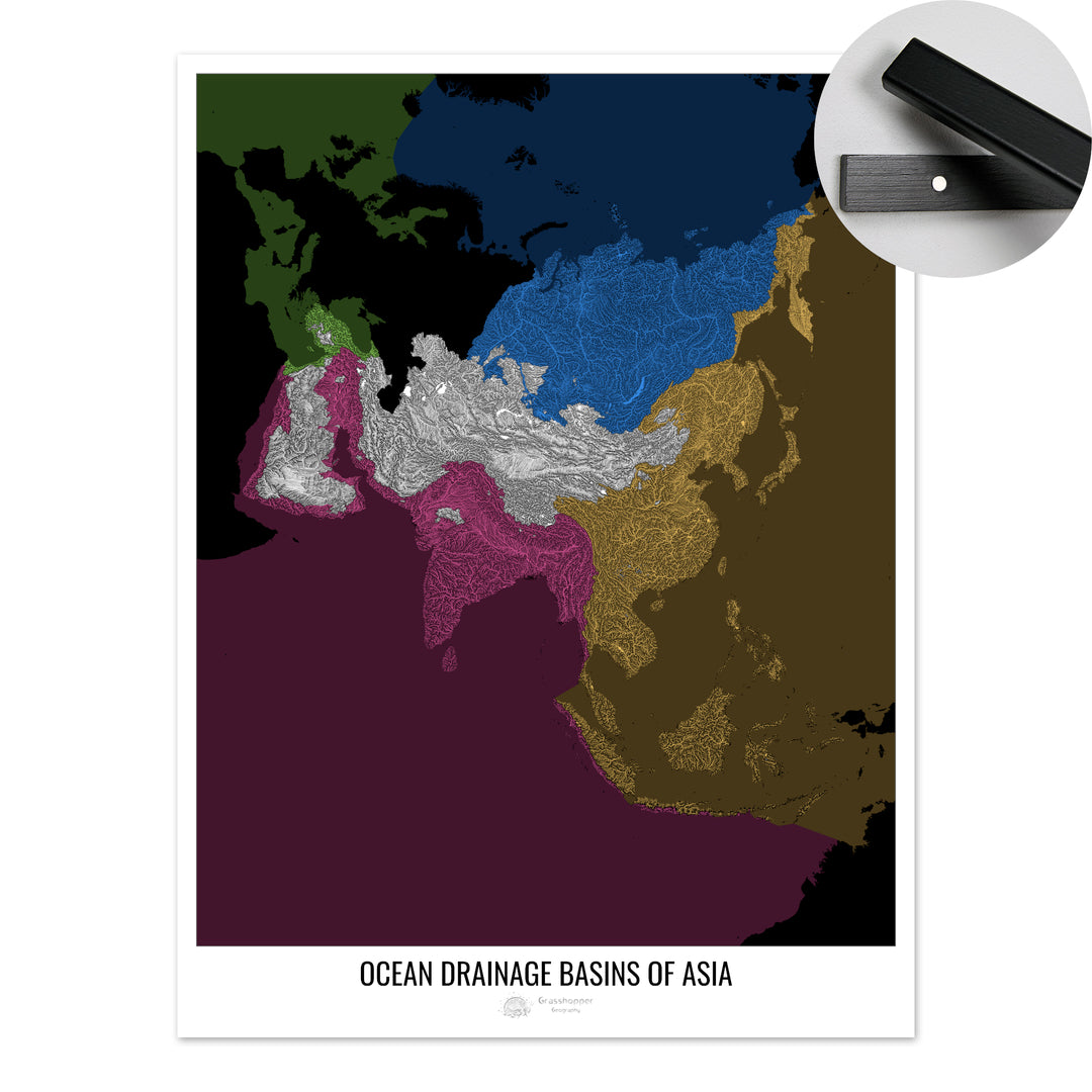 Asia - Mapa de la cuenca hidrográfica del océano, negro v2 - Impresión artística con colgador