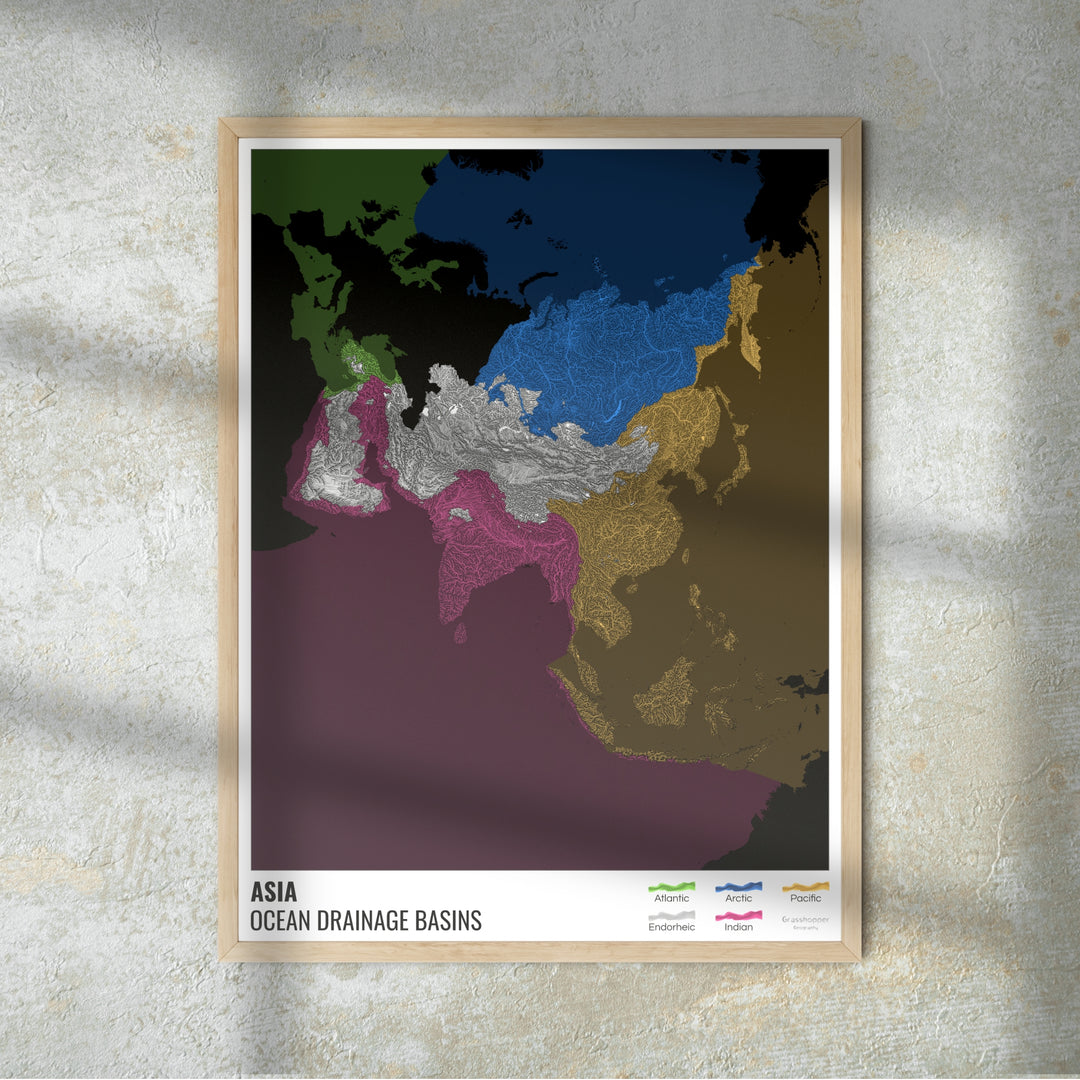 Asia - Ocean drainage basin map, black with legend v2 - Fine Art Print