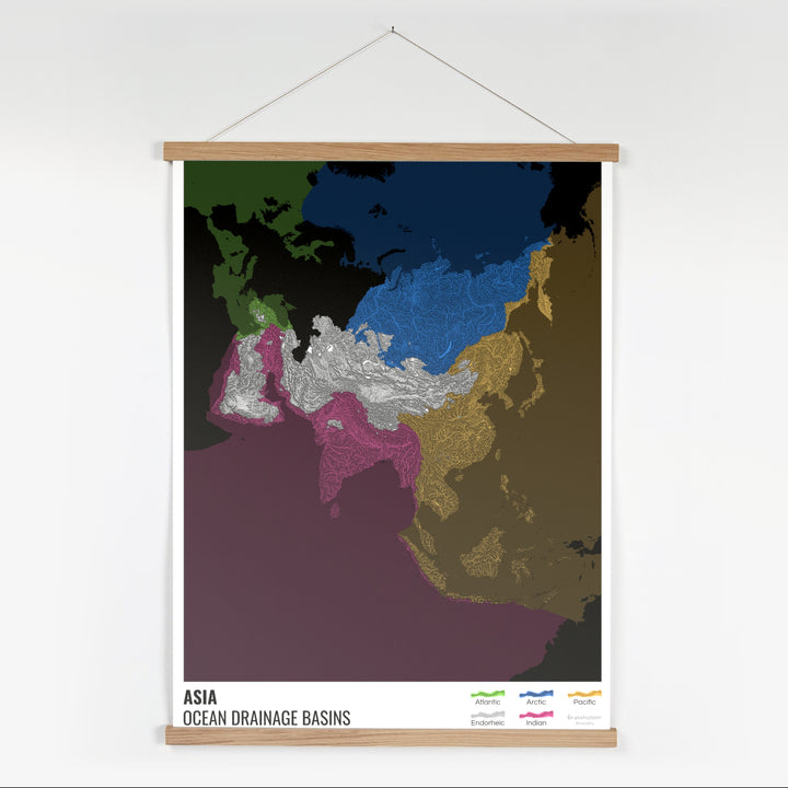 Asia - Ocean drainage basin map, black with legend v2 - Fine Art Print with Hanger