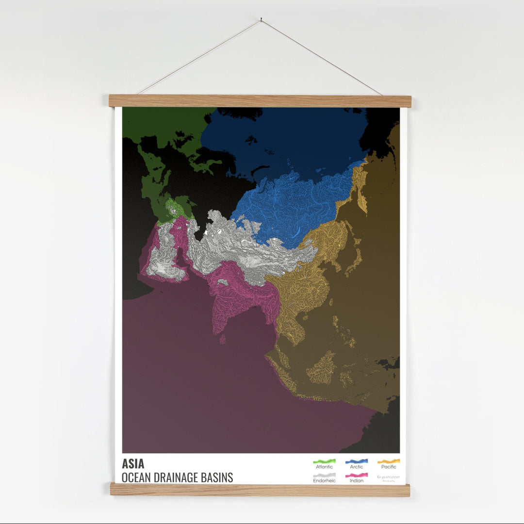 Asia - Mapa de la cuenca hidrográfica del océano, negro con leyenda v2 - Impresión artística con colgador