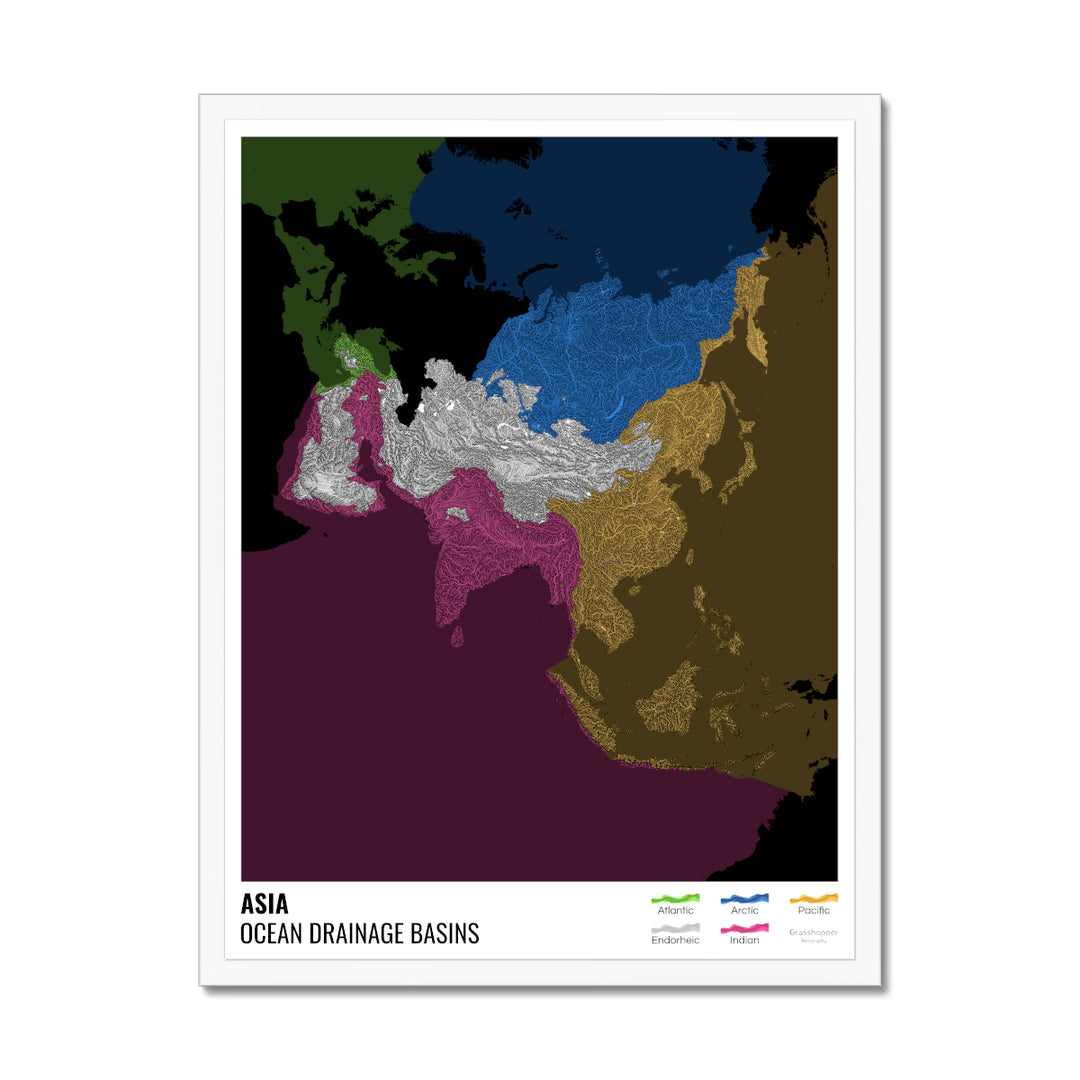 Asia - Ocean drainage basin map, black with legend v2 - Framed Print