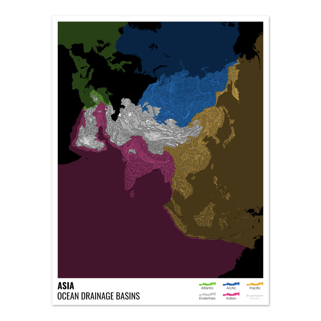 Asia - Mapa de la cuenca hidrográfica del océano, negro con leyenda v2 - Impresión de bellas artes