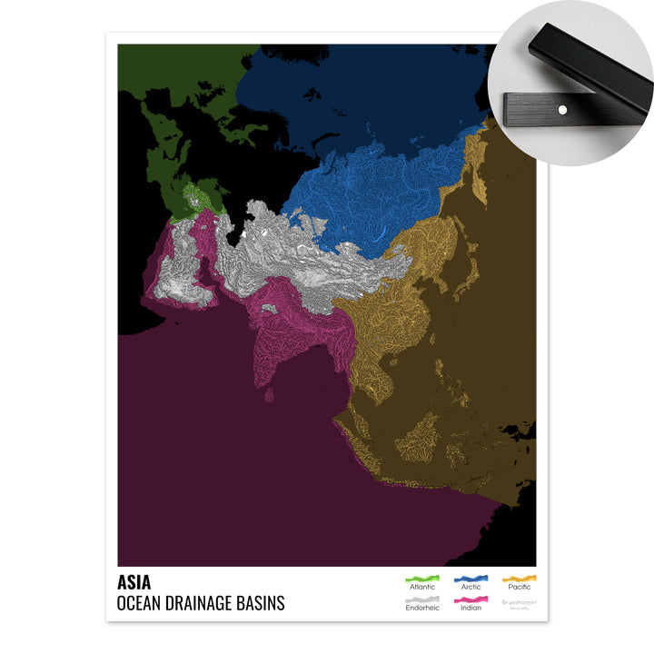 Asie - Carte des bassins hydrographiques océaniques, noire avec légende v2 - Tirage d'art avec cintre