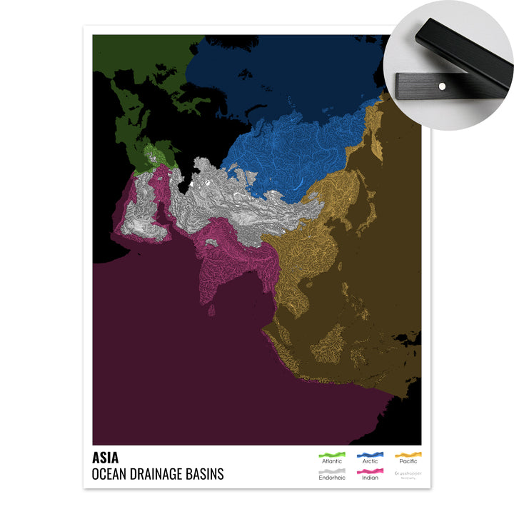 Asia - Ocean drainage basin map, black with legend v2 - Fine Art Print with Hanger