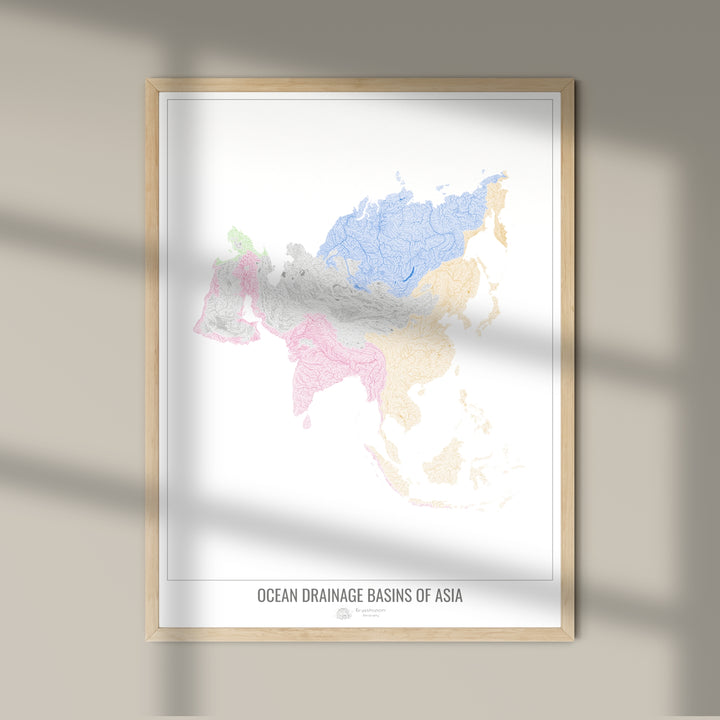 Asie - Carte des bassins versants océaniques, blanc v1 - Tirage photo artistique