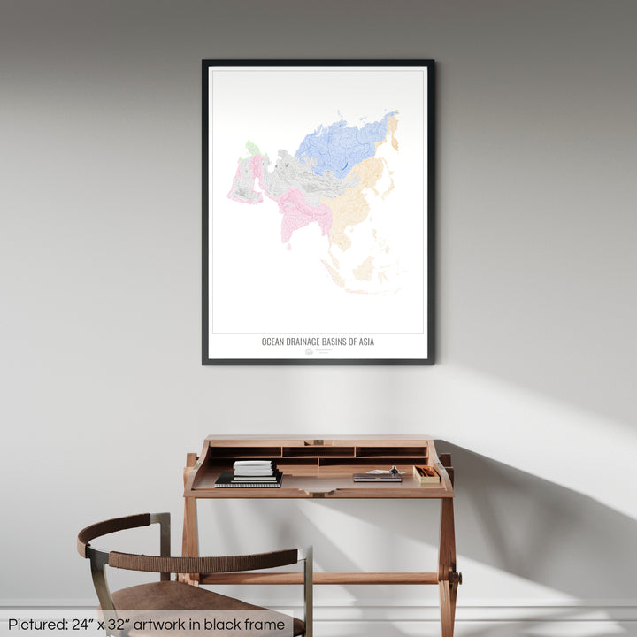 Asia - Ocean drainage basin map, white v1 - Framed Print