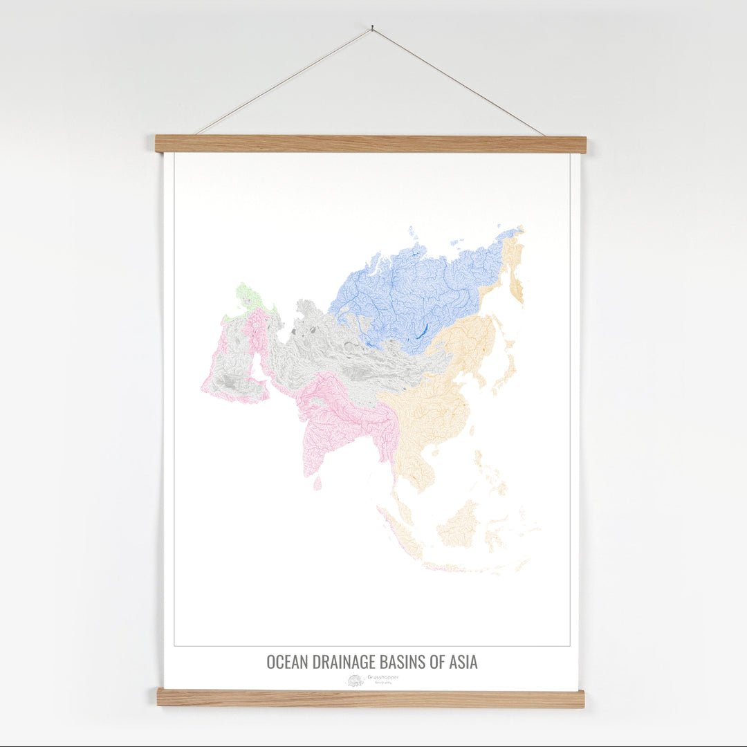 Asia - Ocean drainage basin map, white v1 - Fine Art Print with Hanger