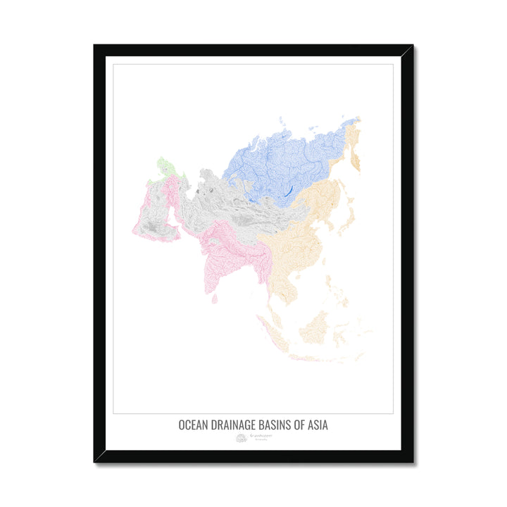 Asia - Ocean drainage basin map, white v1 - Framed Print