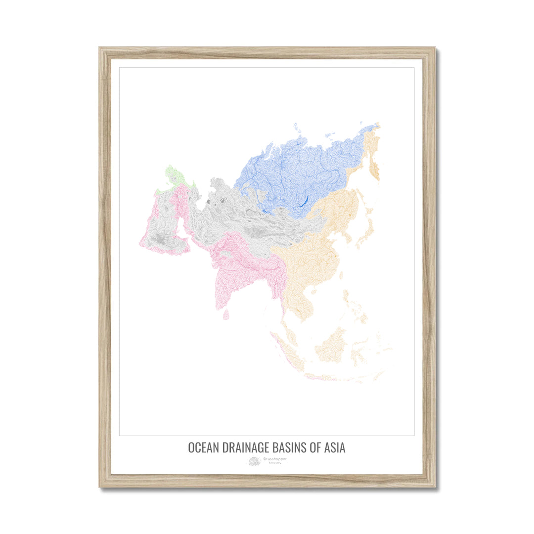 Asia - Ocean drainage basin map, white v1 - Framed Print