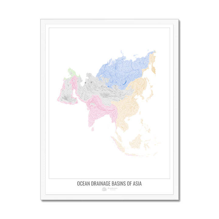Asia - Ocean drainage basin map, white v1 - Framed Print