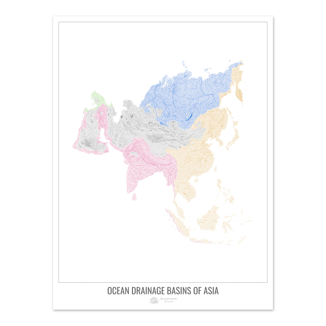 Asie - Carte des bassins hydrographiques océaniques, blanc v1 - Fine Art Print
