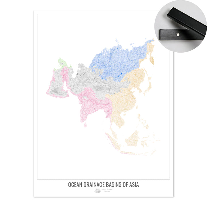 Asia - Mapa de la cuenca hidrográfica del océano, blanco v1 - Impresión artística con colgador