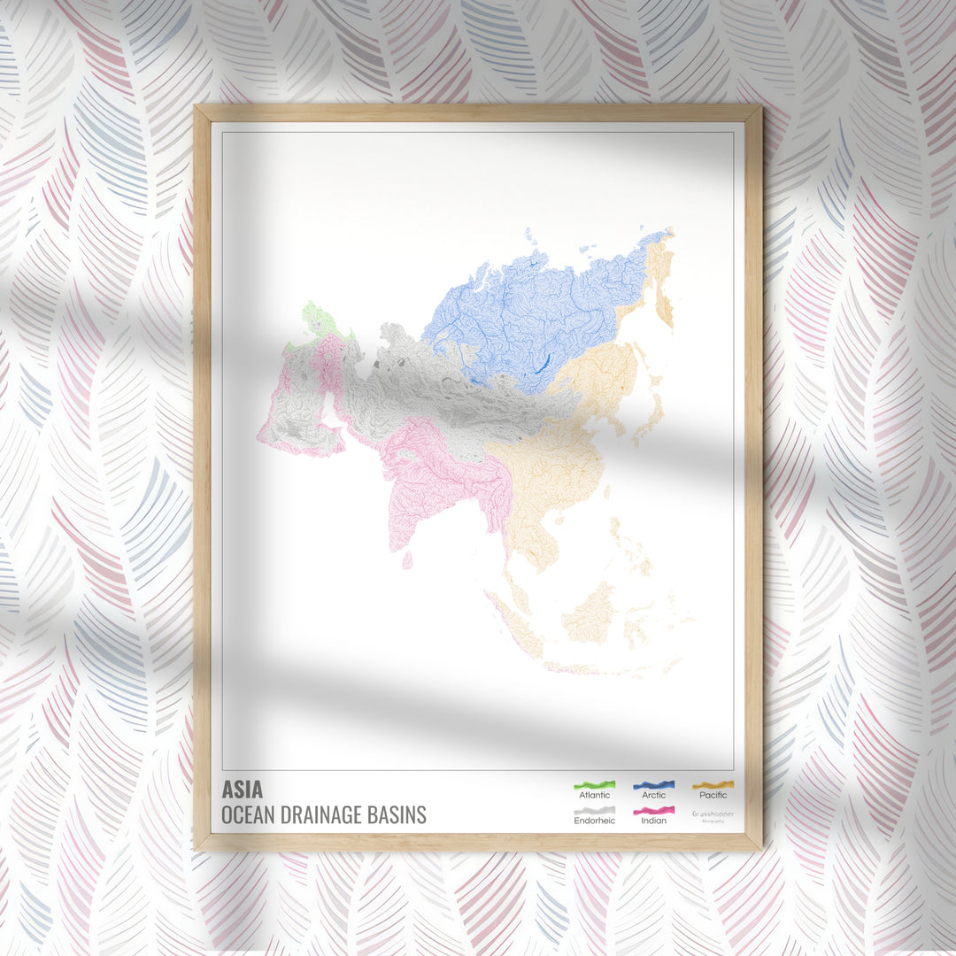 Ásia - Mapa da bacia de drenagem oceânica, branco com legenda v1 - Impressão de arte fotográfica