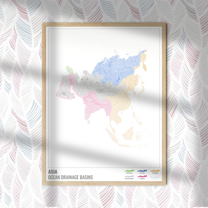 Asia - Mapa de la cuenca hidrográfica del océano, blanco con leyenda v1 - Impresión fotográfica