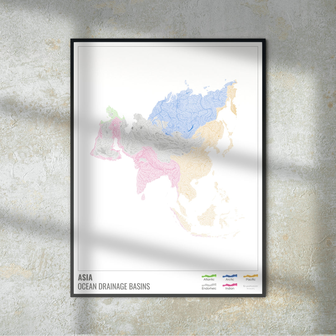 Asia - Mapa de la cuenca hidrográfica del océano, blanco con leyenda v1 - Impresión de bellas artes