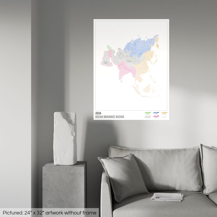 Asia - Ocean drainage basin map, white with legend v1 - Fine Art Print