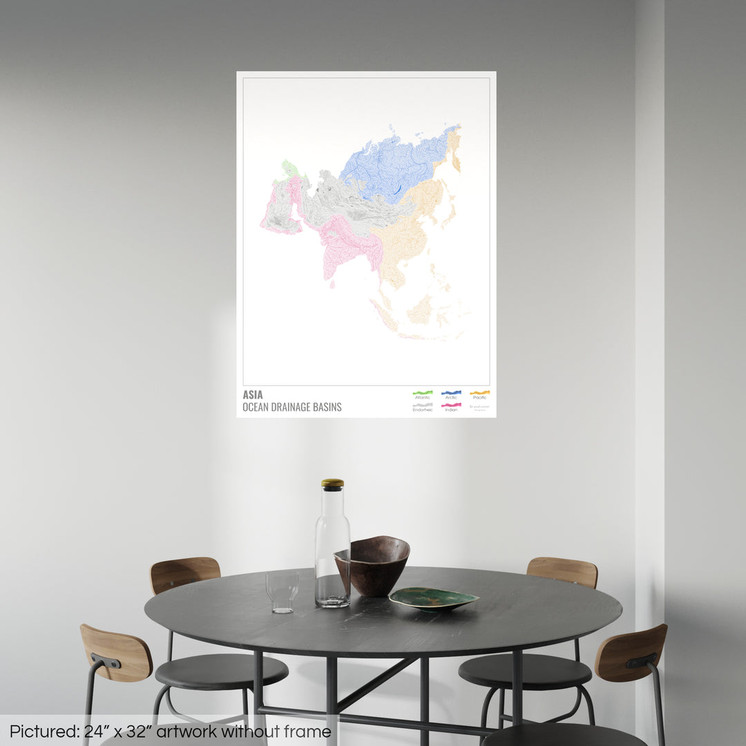 Ásia - Mapa da bacia de drenagem oceânica, branco com legenda v1 - Impressão de arte fotográfica