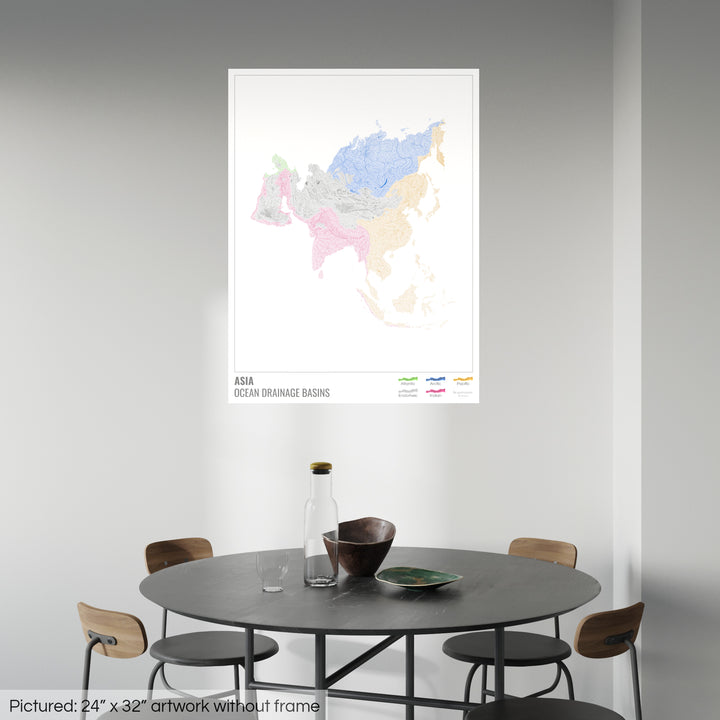 Ásia - Mapa da bacia de drenagem oceânica, branco com legenda v1 - Impressão de arte fotográfica