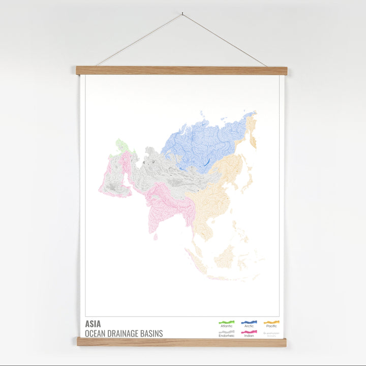 Asia - Mapa de la cuenca hidrográfica del océano, blanco con leyenda v1 - Impresión artística con colgador
