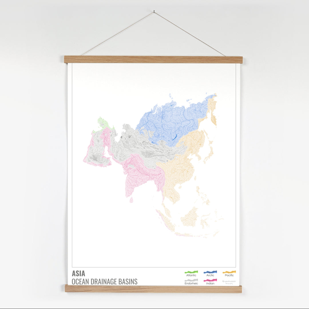 Asie - Carte des bassins hydrographiques océaniques, blanche avec légende v1 - Tirage d'art avec cintre