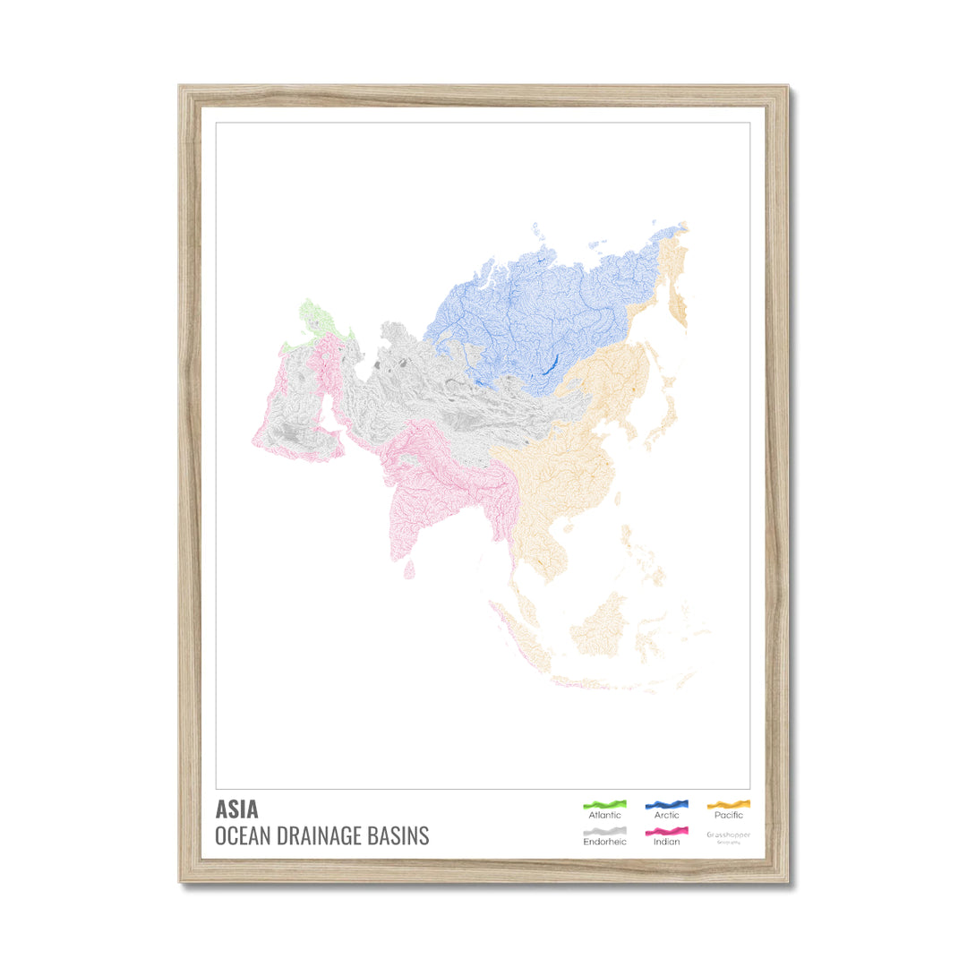 Asia - Ocean drainage basin map, white with legend v1 - Framed Print