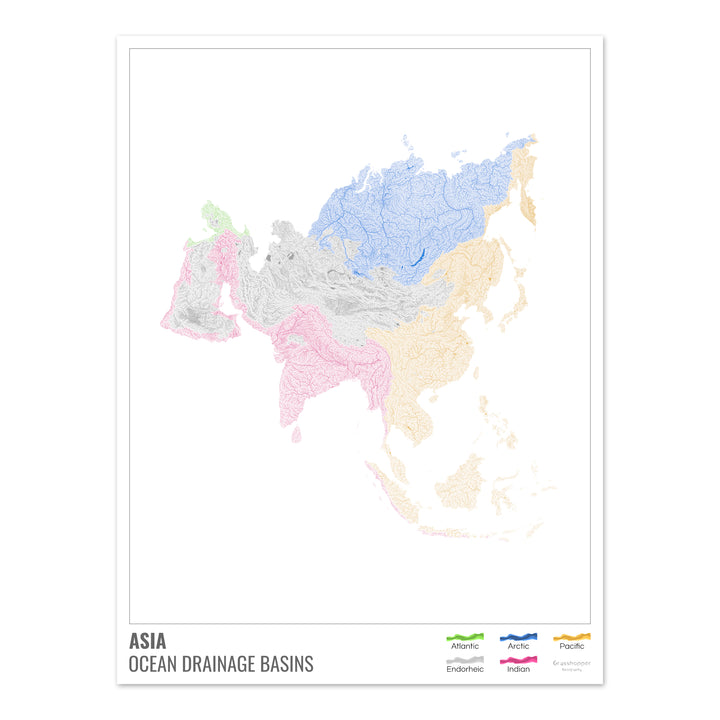 Ásia - Mapa da bacia de drenagem oceânica, branco com legenda v1 - Impressão de arte fotográfica