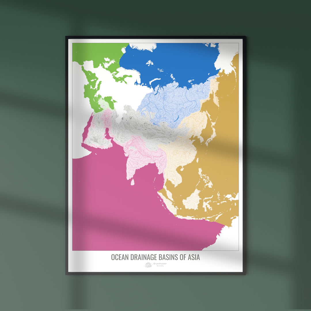 Asie - Carte des bassins hydrographiques océaniques, blanc v2 - Tirage photo artistique