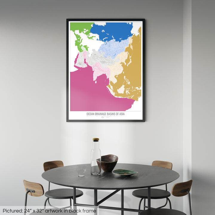 Asia - Ocean drainage basin map, white v2 - Framed Print