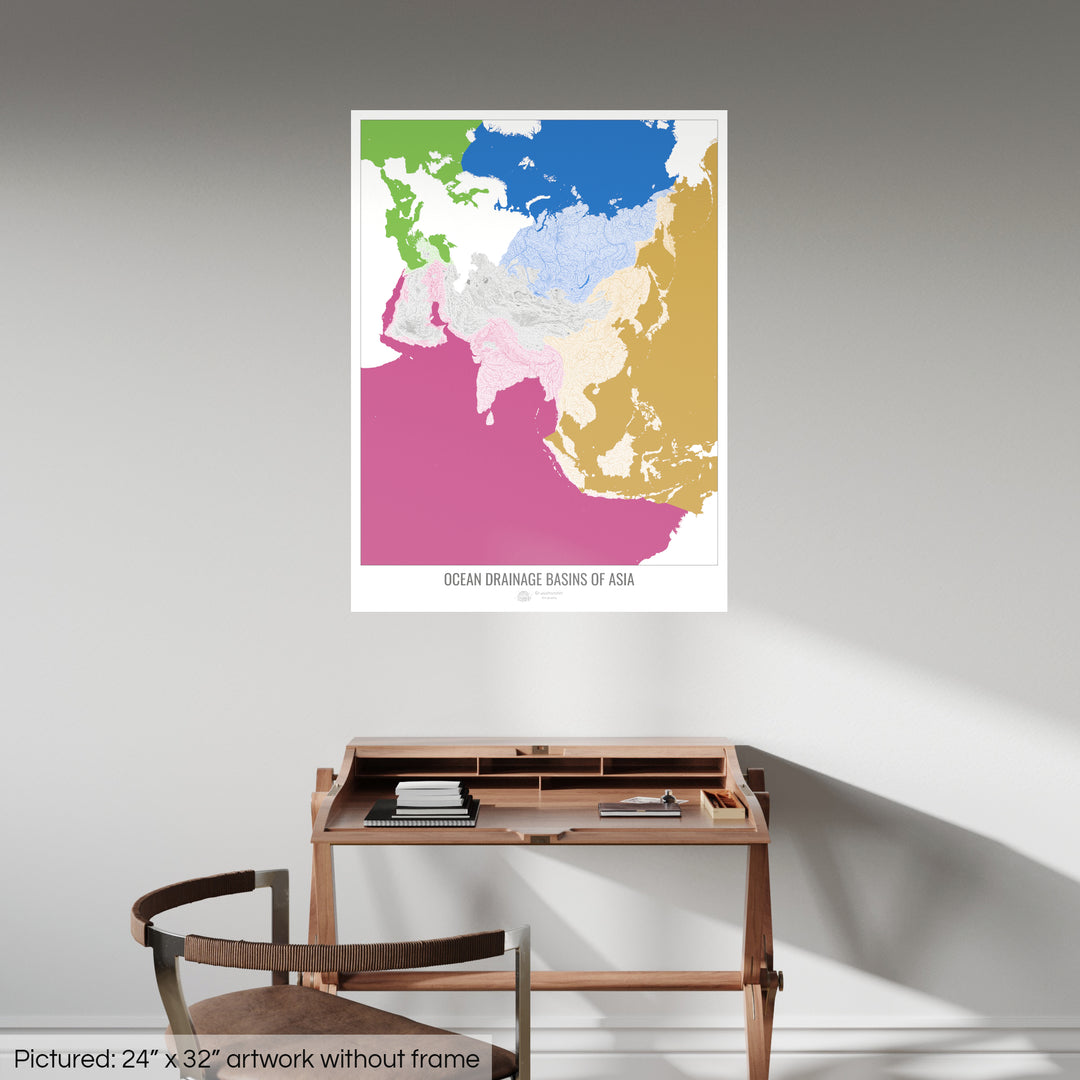 Asie - Carte des bassins hydrographiques océaniques, blanc v2 - Fine Art Print