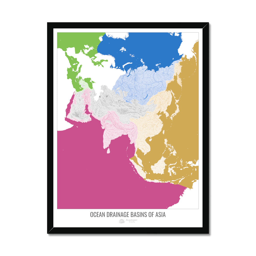 Asia - Ocean drainage basin map, white v2 - Framed Print